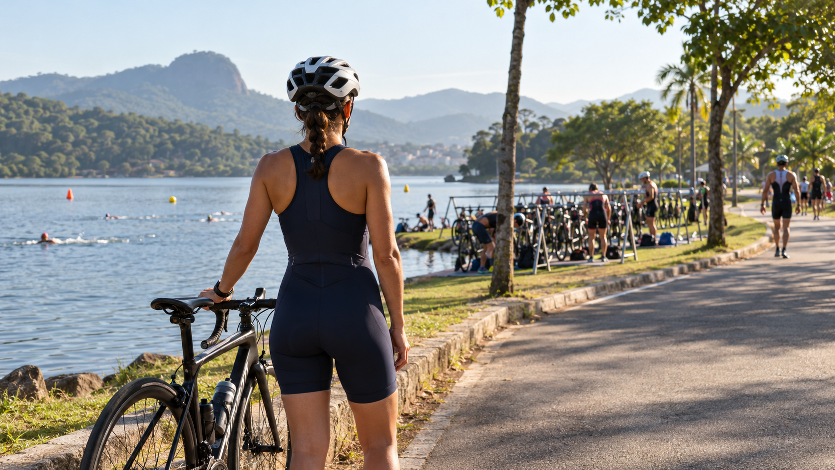 Atleta de macaquinho e capacete, de costas, com a bicicleta à beira de um lago, observando nadadores e a área de transição de um triatlo com montanhas ao fundo