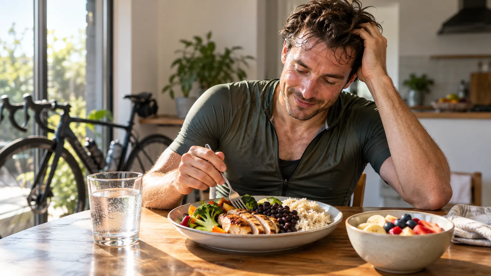 Ciclista faz uma refeição após o treino, com arroz, feijão, proteína e água.