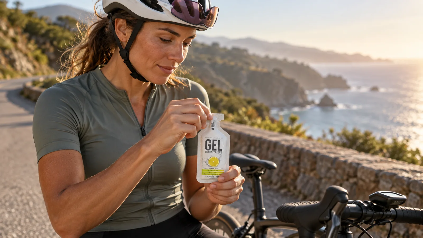 Ciclista parada ao lado da bicicleta segura um gel de carboidrato da True.