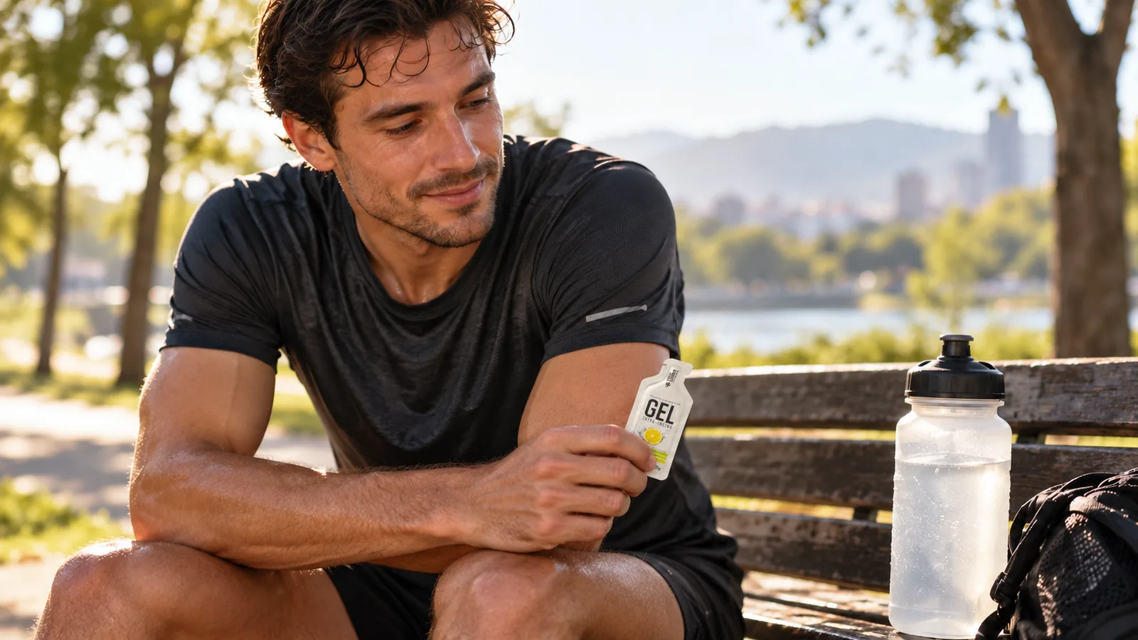 Corredor observa un gel de carbohidratos junto a una botella de agua después de entrenar.