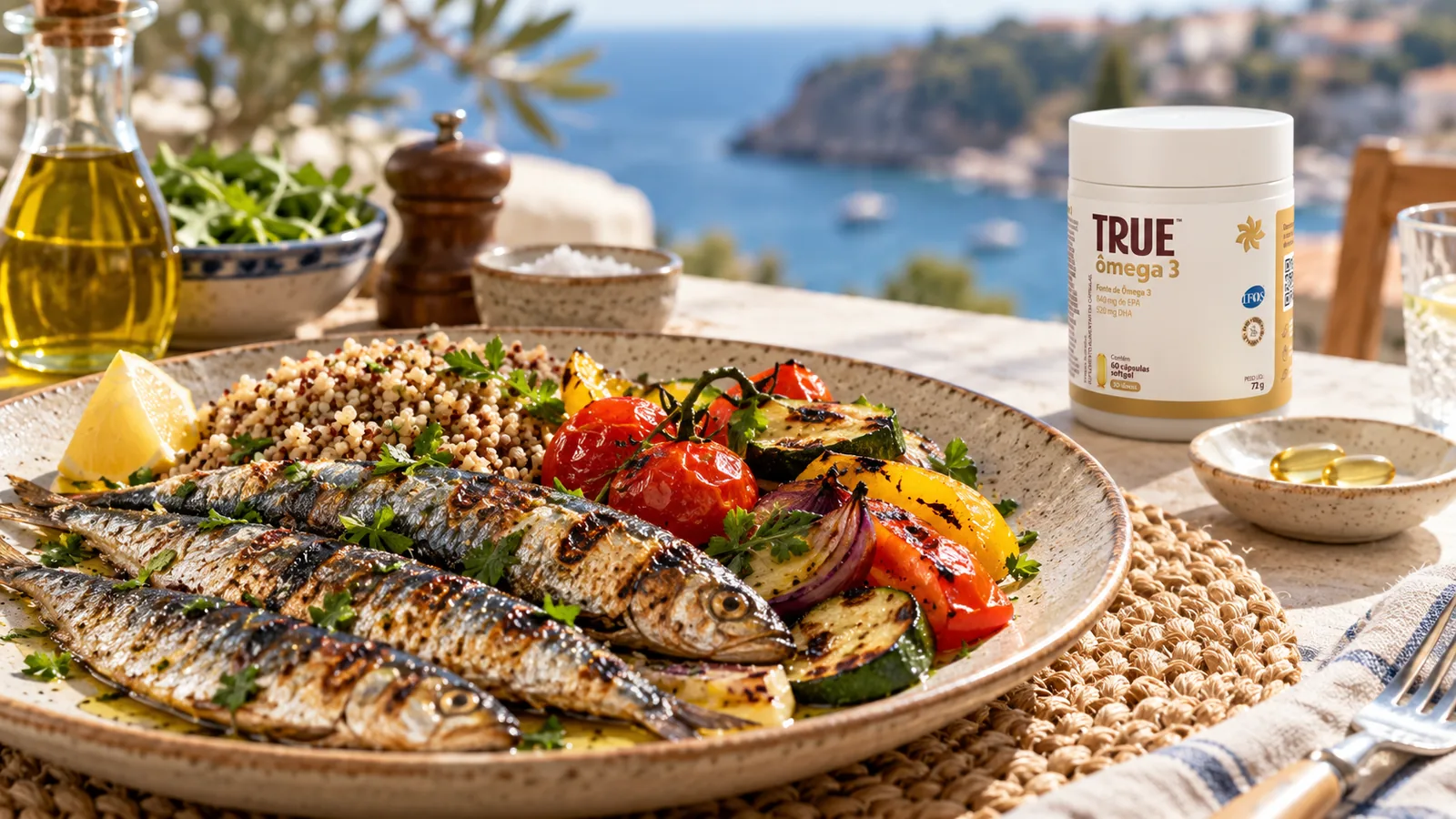 Refeição com peixe e vegetais, acompanhada discretamente por um frasco de ômega-3.